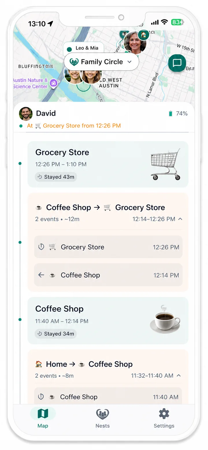 Serico events timeline with arrival and departure updates