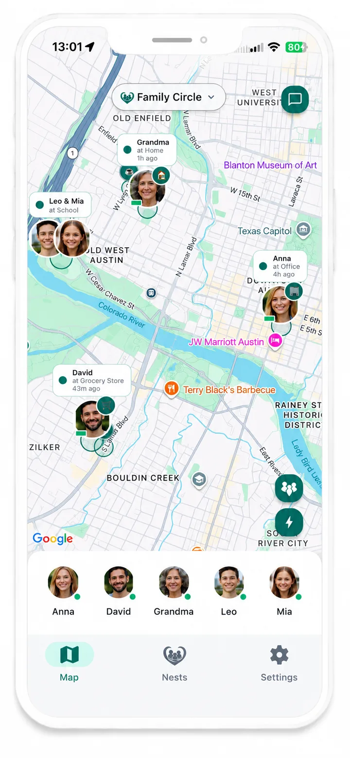 Serico app home screen with family map and check-ins