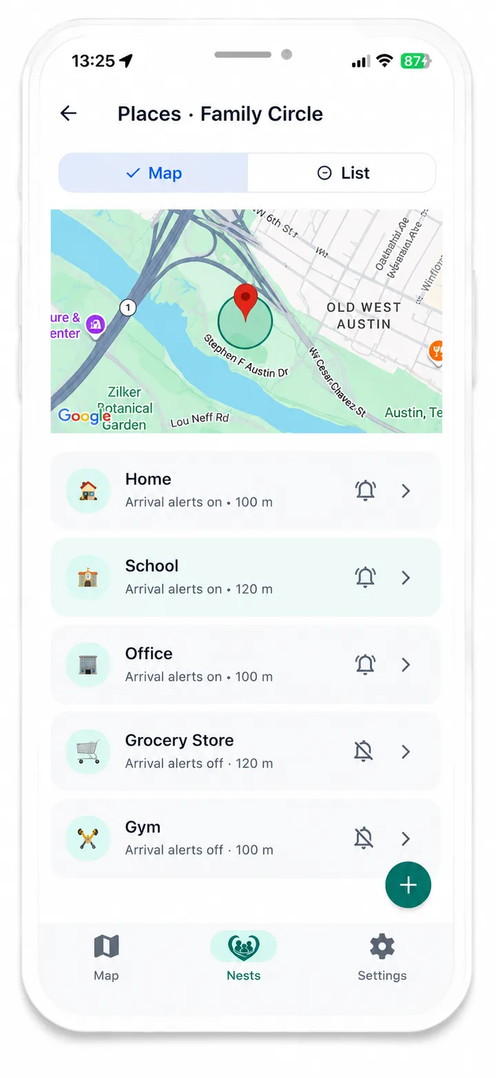 Serico saved places screen with smart place alerts
